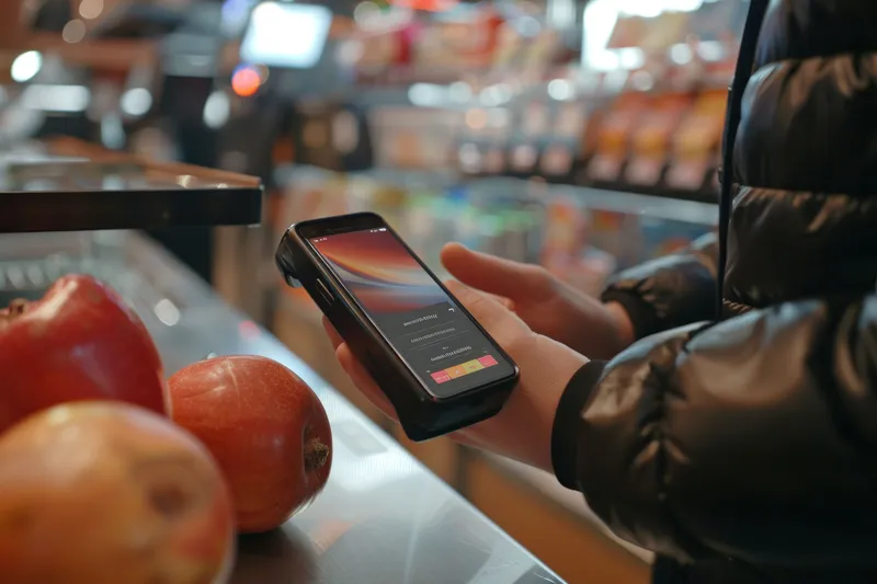 Человек использует смартфон для бесконтактной оплаты яблока в продуктовом магазине