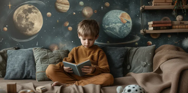 Маленький мальчик, увлеченно читающий книгу, сидит на диване перед настенной фреской с изображением планет в уютной комнате