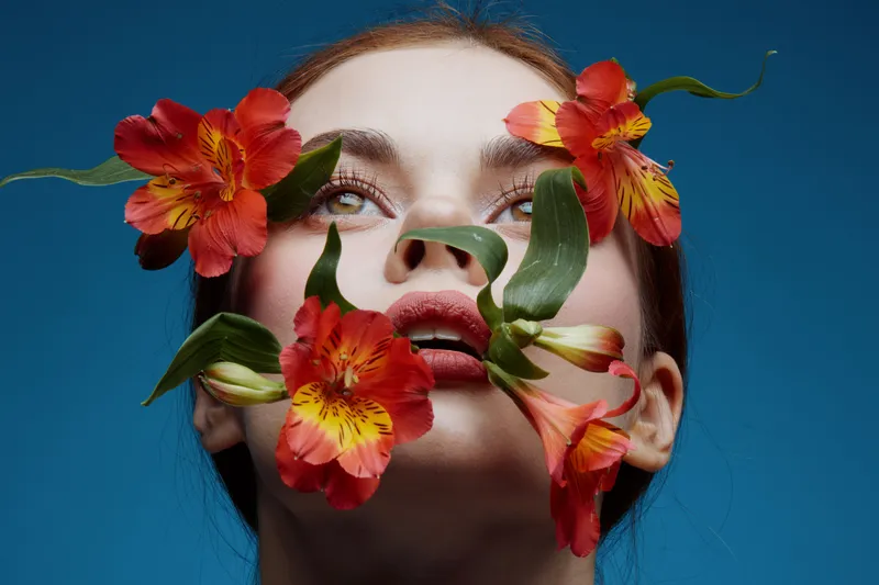 A stunning beauty portrait woman with flowers 8 March, capturing emotions of serenity and connection with nature, perfect for wellness and beauty concepts