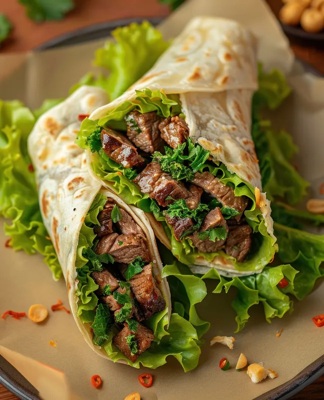 Вкусный буррито с говядиной на гриле, салатом-латуком и арахисом на тарелке
