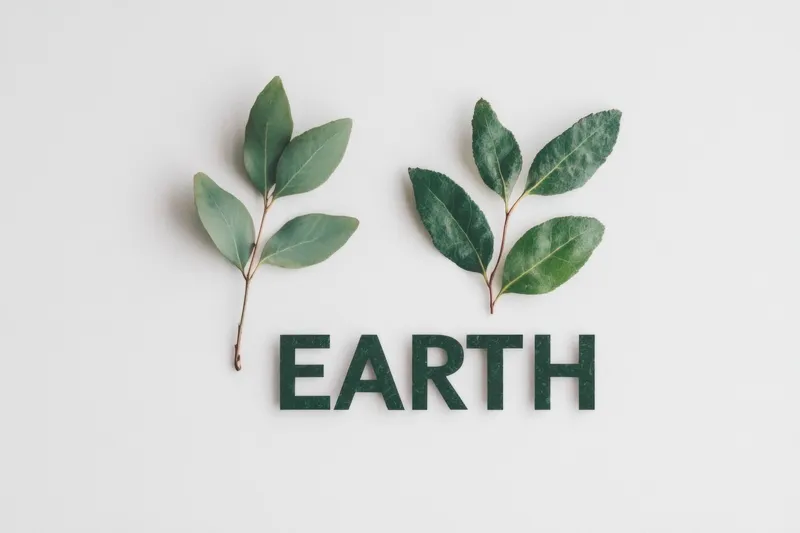 Эта композиция включает пышные зеленые листья рядом со словом EARTH, символизируя экологичность и связь с природой