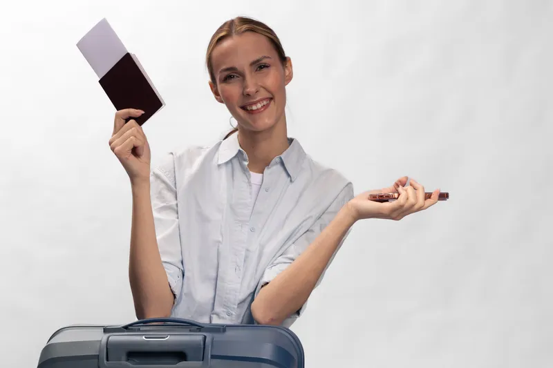 Smiling woman holding passport and tickets above suitcase, preparing for travel. Concept of vacation, tourism, and trip planning with happy traveler isolated on white background.