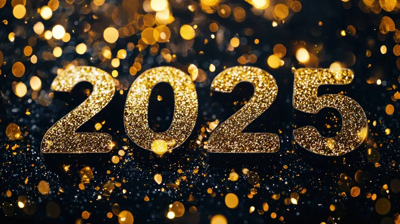 Блестящие золотые цифры 2025 на размытом сверкающем фоне, символизирующие новогодние празднования, торжества и волнение от предстоящего года