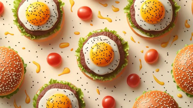 Вкусные гамбургеры с жареным яйцом и свежими помидорами сверху, сочная и аппетитная еда