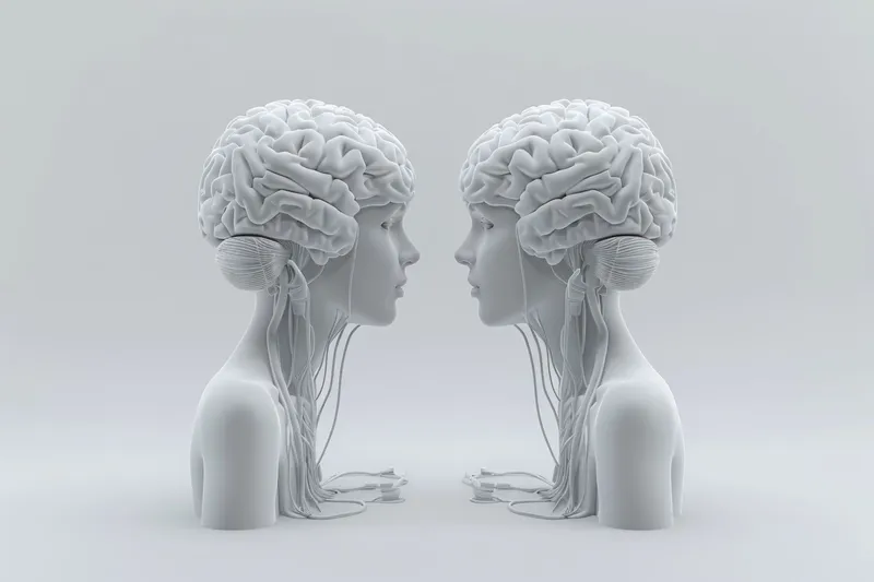 Футуристическое искусство, изображающее две человекоподобные головы со структурами мозга на безмятежном сером фоне, исследующее темы сознания и связи
