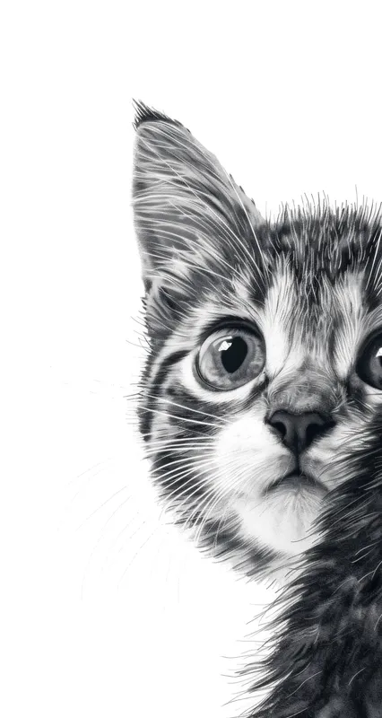 Захватывающая черно-белая иллюстрация милого котенка, который с любопытством смотрит выразительными глазами