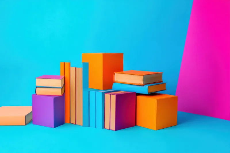 Броская композиция из красочных книг в оранжевых и фиолетовых тонах, сложенных стопкой на синем фоне, символизирует творчество, образование и современную учебную среду