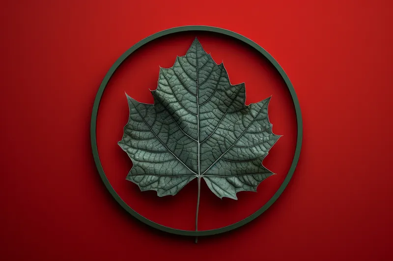 Канадский кленовый лист в круглой рамке на красном фоне с надписью «Canada»