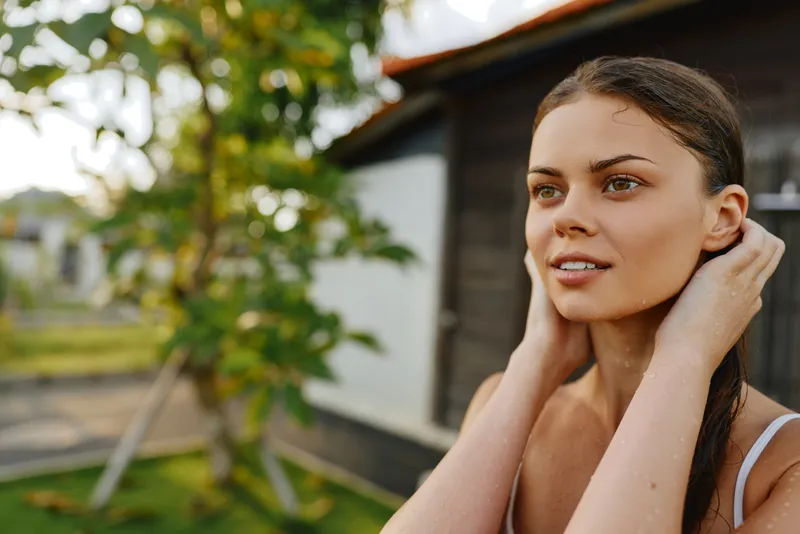 Cheerful woman outdoors, calm expression, sunlit portrait in a lush garden, natural light, soft breeze, casual attire, warm tones, relaxed mood, capturing everyday lifestyle moments