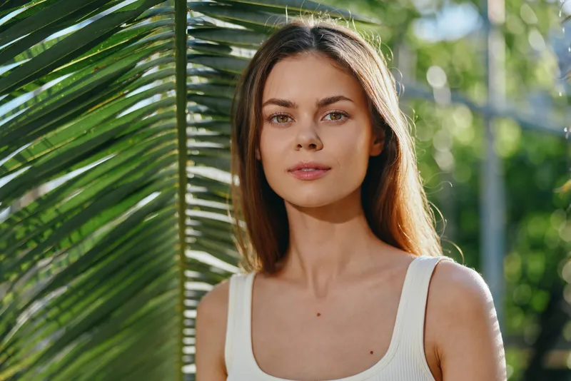 young woman with long brown hair stands near tropical palm leaves in natural sunlight wearing white tank top, looking calm and confident with a serene expression