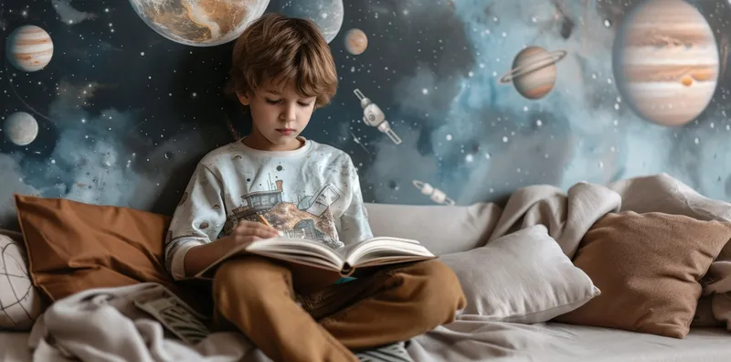 Маленький мальчик читает книгу на диване перед настенной фреской с изображением планет в открытом космосе