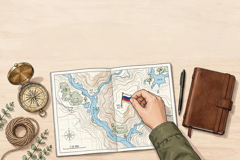 Иллюстрация: рука ставит флажок на карту с компасом и блокнотом