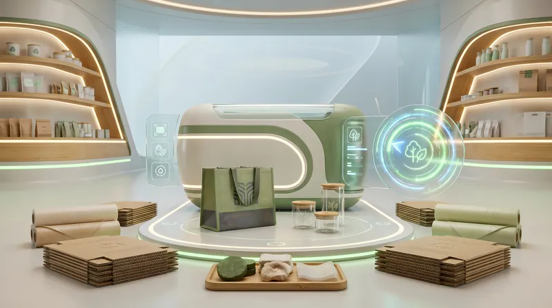 Футуристический 3D-герой розничной торговли с изображением центральной кабины для самовывоза, многоразовой сумки, контейнеров для дозаправки, переработанных почтовых отправлений и интерфейсов…