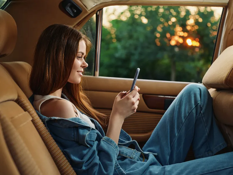 Young woman in casual denim outfit enjoying smartphone on a summer evening in a car, relaxing with a peaceful expression against a greenery background.