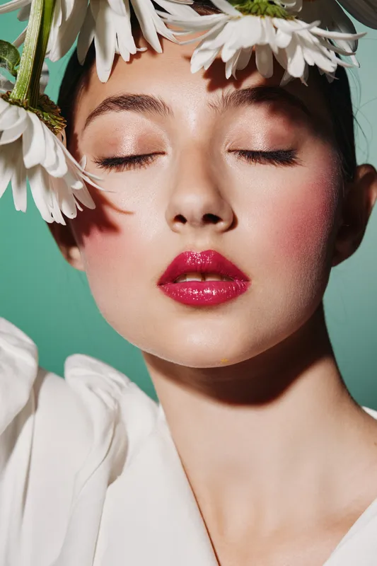 Close-up of a woman with vibrant red lips and soft pink blush surrounded by white flowers. Creative beauty and fashion concept with fresh natural light and green background.