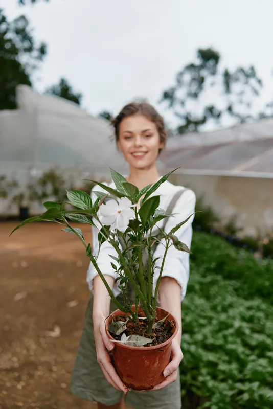 Woman smiling and holding a potted plant, showcasing a connection to nature in a bright greenhouse setting, embodying a sustainable lifestyle and green living