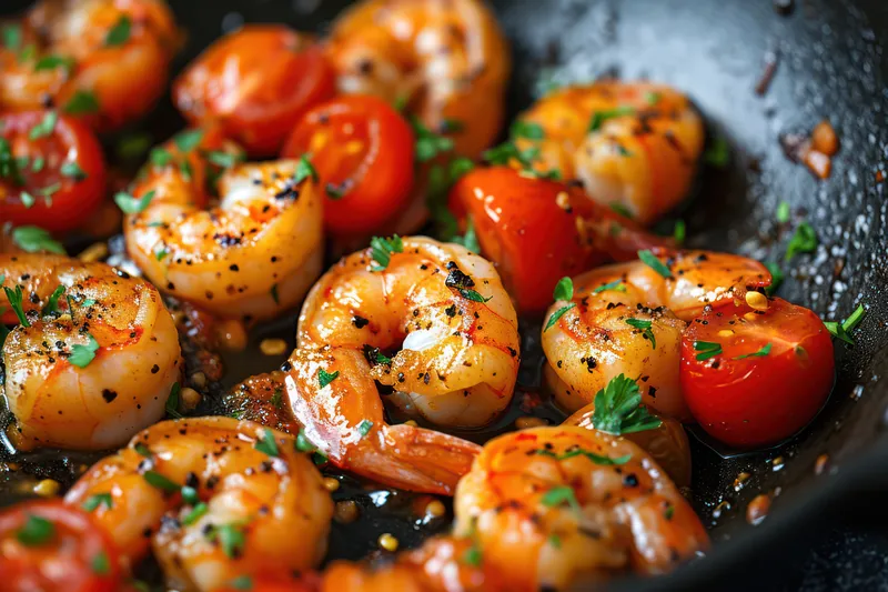 Вкусное наслаждение морепродуктами: жареные креветки с чесноком в стиле скампи, поданные на тарелке в средиземноморском стиле