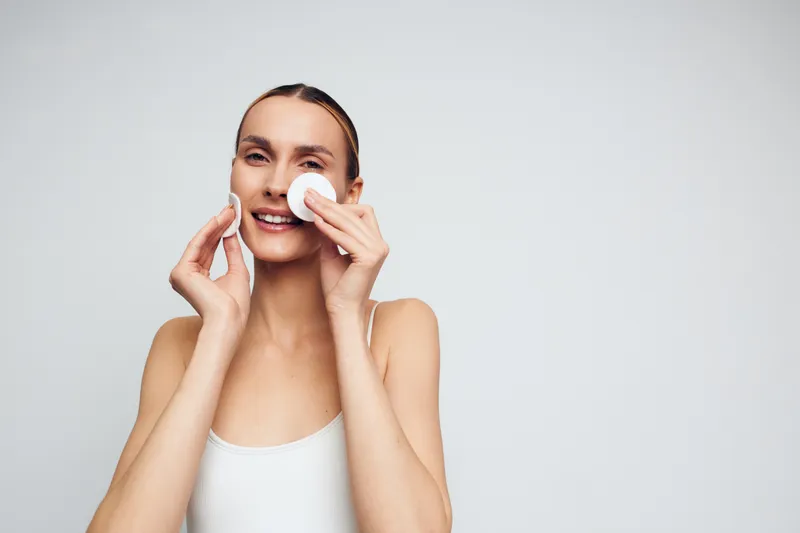 Smiling woman with clean skin using cotton pads to remove makeup on white background. Concept of skincare, beauty routine, facial cleansing, and personal care. Soft natural lighting.