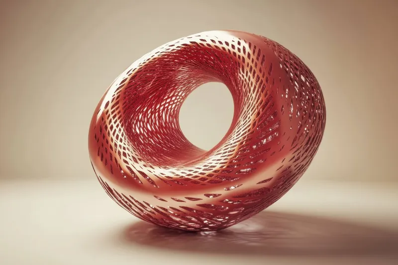 Абстрактная 3D-скульптура красного цвета с замысловатыми узорами, идеально подходящая для любителей искусства и дизайнеров, ищущих современный декор