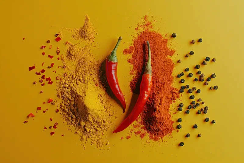 Художественная композиция из специй, включающая куркуму, паприку и черный перец, с акцентом на красные стручки чили на ярком желтом фоне, демонстрирующая насыщенные цвета и текстуры