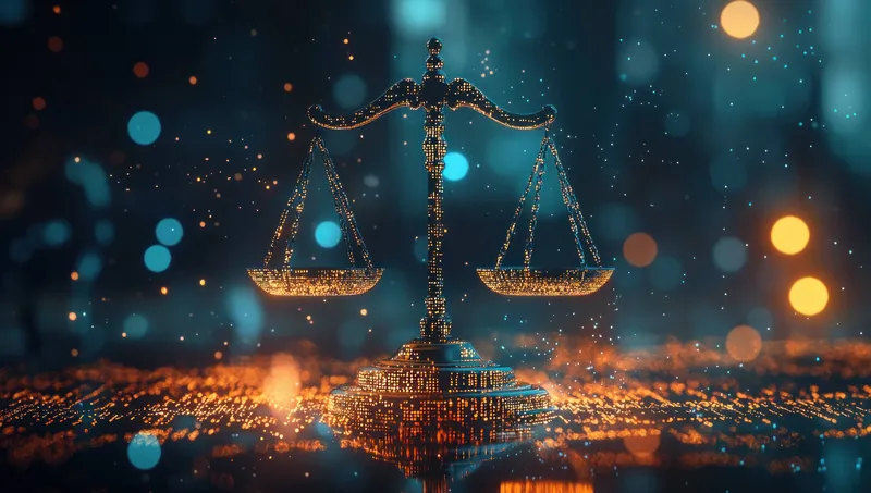 На изображении изображены светящиеся весы правосудия, символизирующие закон и порядок, на красочном фоне боке, вызывающем ощущение современности и цифровой эпохи