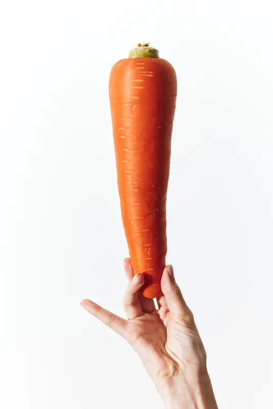 Морковь в руке на белом фоне, в левом верхнем углу расположено слово «carrot»