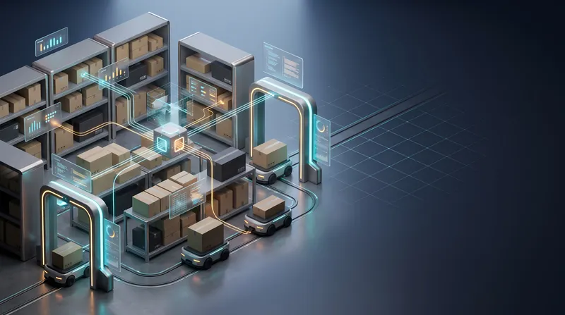 Гладкая 3D-сцена автоматизации склада: стеллажи, коробки, сканирующие ворота, тележки и абстрактные интерфейсы отслеживания