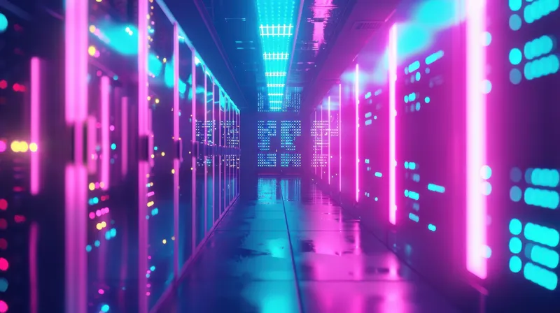 Гладкий современный коридор центра обработки данных с рядами освещенных серверных стоек, излучающих голубое и фиолетовое свечение, отражает среду передовых технологий