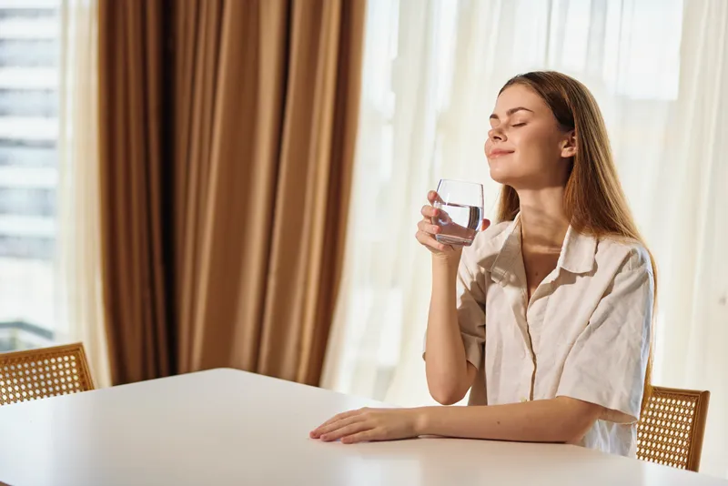 Woman with glass of water at table in home, morning sunlight on a relaxed portrait, eyes closed and calm, casual shirt, gentle breathing for hydration, wellness and peaceful routine.
