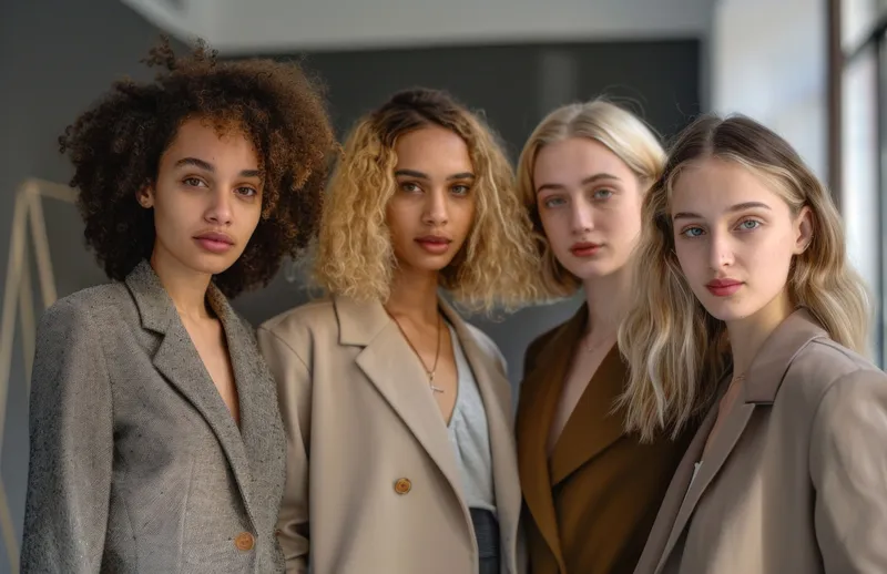 Четыре женщины с разными прическами и оттенками кожи стоят близко друг к другу в модных блейзерах, демонстрируя единство в разнообразии