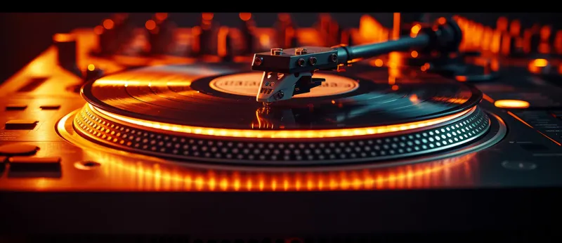 DJ-проигрыватель, освещенный прожектором в темной комнате, с яркими цветами и светящимися огнями