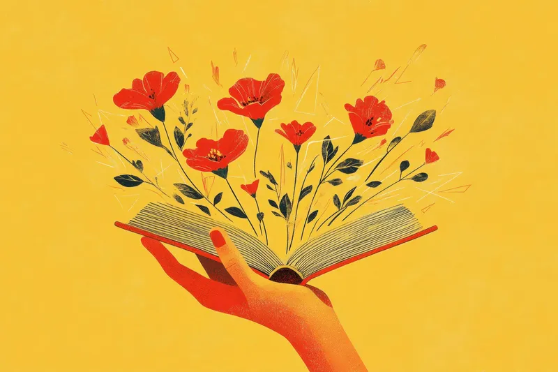 На этой иллюстрации изображена рука, держащая открытую книгу, из которой появляются красочные цветы, на ярком желтом фоне, что воплощает темы творчества, вдохновения и природы