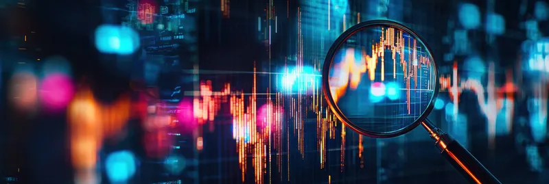 Абстрактное изображение финансового графика, рассматриваемого через увеличительное стекло, демонстрирующее красочные тренды данных, символизирующие анализ рынка, инвестиционные возможности и…