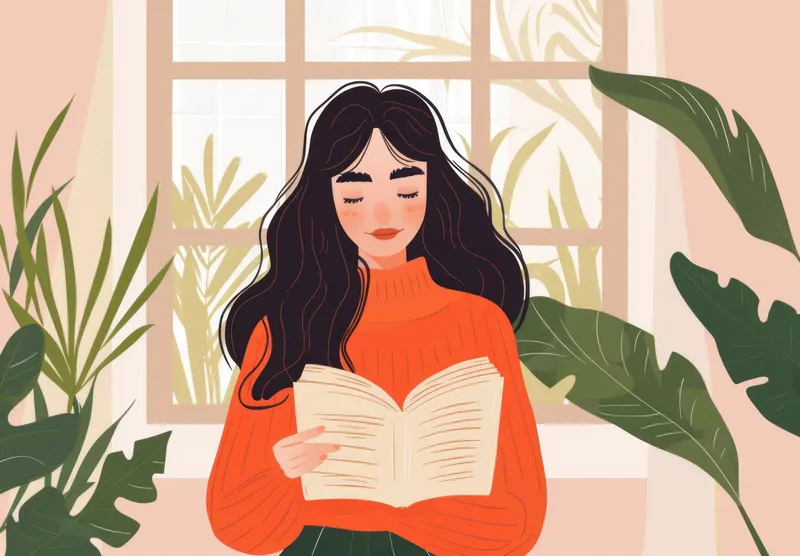 На иллюстрации изображена молодая женщина, поглощенная чтением книги, на фоне пышных комнатных растений и яркого окна