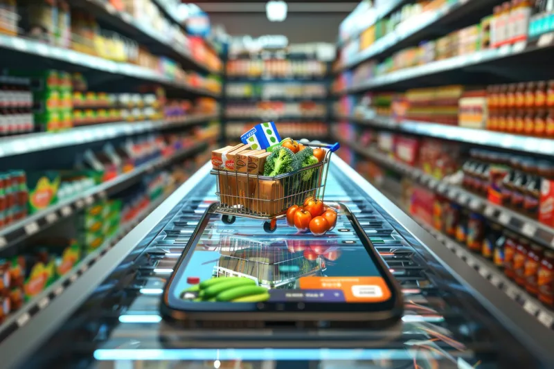 Концепция онлайн-покупки продуктов: смартфон в руке на фоне супермаркета, в 3D-иллюстрации