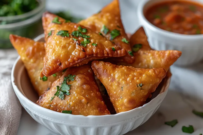 Вкусная жареная закуска на тарелке: хрустящая самоса — традиционное азиатское блюдо
