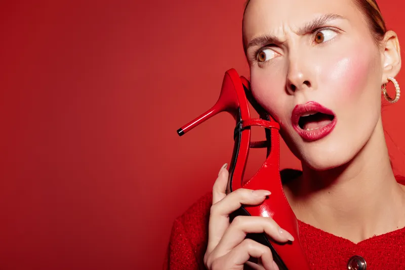 Surprised woman in red sweater holds red high heel shoe near face on red background. Concept of fashion, style, emotions, and beauty with vibrant color contrast and expressive mood.