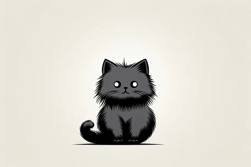 Милый мультяшный котенок: счастливый и очаровательный черно-белый кот с пушистым хвостом, весело сидящий на красивом абстрактном фоне