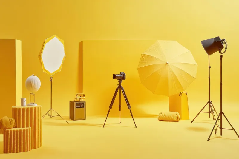 Яркая жёлтая фотостудия включает камеру на штативе, осветительное оборудование и декоративные предметы