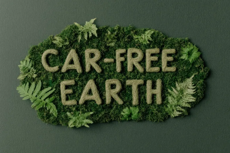 Яркая композиция с фразой "Car Free Earth", выполненной из сочной зеленой травы, подчеркивает экологичность и устойчивое развитие на фоне, вдохновленном природой