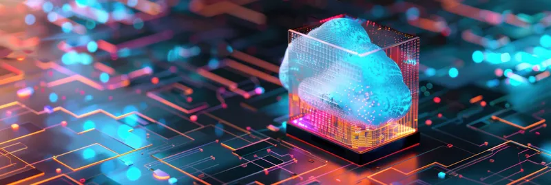 Футуристическое изображение облачных технологий со светящимся облаком в сетке, яркими цветами и вдохновленным технологиями фоном
