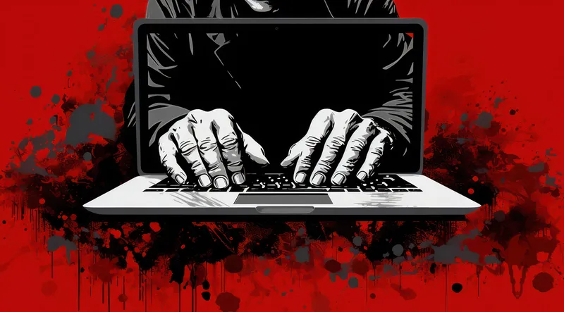 Фон для концепции киберпреступности: мужчина-хакер атакует компьютер, используя ноутбук для взлома паролей и сетей, кражи данных и вирусов