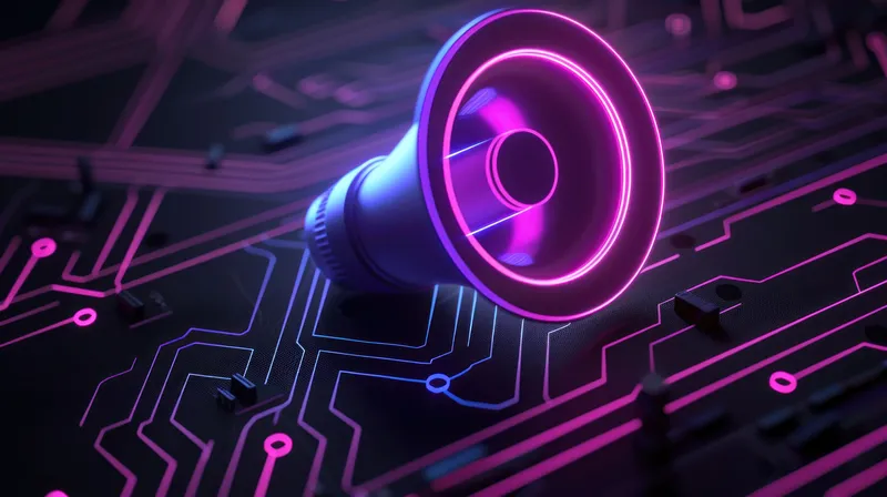 Яркий 3D-рендеринг динамика, размещенного на футуристической печатной плате, освещенной фиолетовыми и розовыми неоновыми огнями
