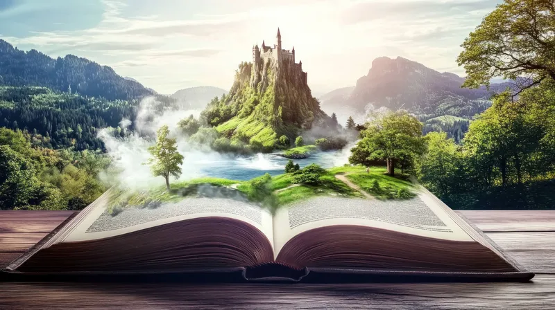Волшебная фантастическая сцена разворачивается из открытой книги: величественный замок, пышные деревья и безмятежное озеро, вызывающие чувство воображения и удивления