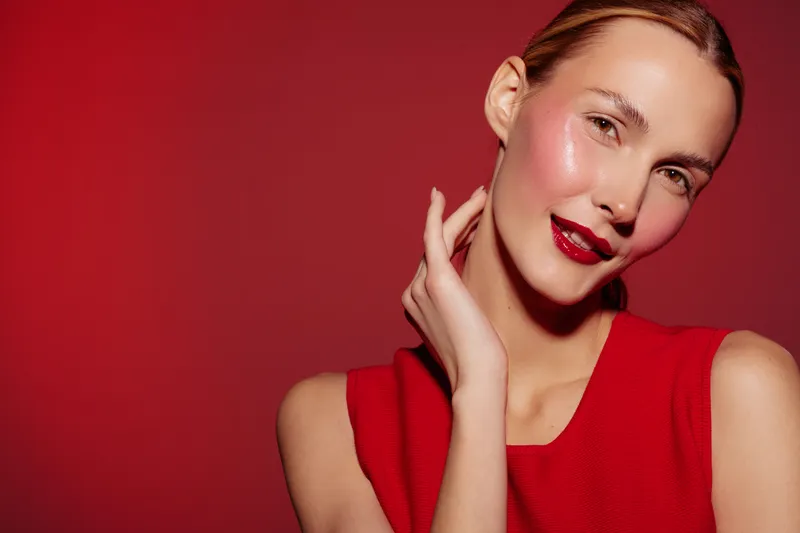 Portrait of a smiling woman with red lipstick and glowing skin wearing a red sleeveless top against a red background. Concept of beauty, makeup, and fashion style.