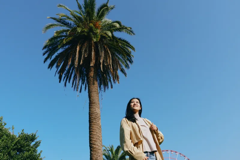 Palm, tree silhouette and woman in casual jacket outdoors under clear sky with sunshine, relaxed pose, light breeze, vibrant blue backdrop, greenery and wide smile capturing carefree summer mood