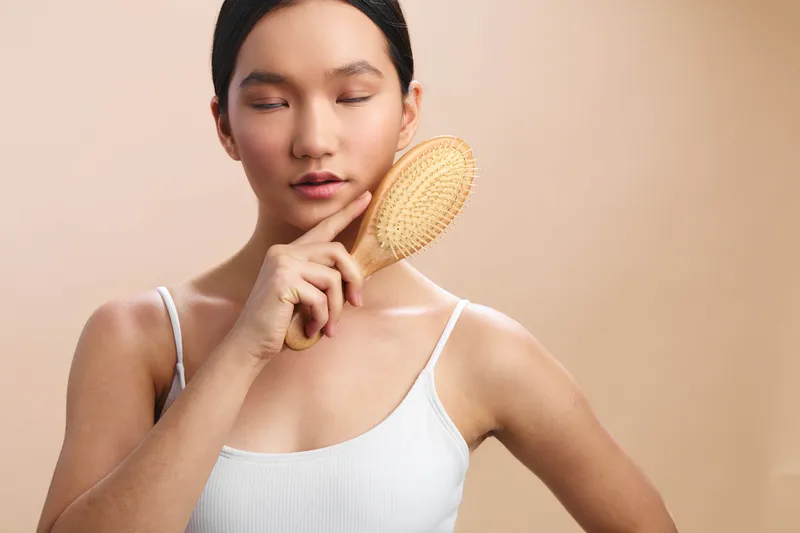 asian woman with a wooden hairbrush posed thoughtfully against a soft beige backdrop, showcasing selfcare and grooming in a calm, intimate atmosphere.