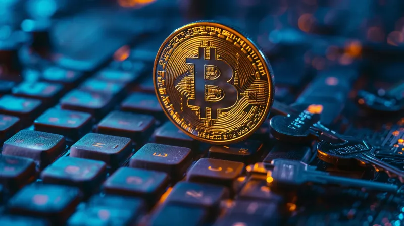 Изображение на тему криптовалюты: крупный план физической монеты биткоина на тёмном фоне