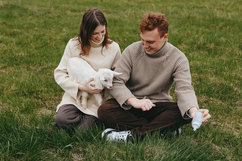Couple outdoors, gently cuddling a curious goat kid, warm sweater ambiance, soft breeze, smiling faces, relaxed posture, natural colors, grassy field backdrop, seasonal charm, wholesome lifestyle