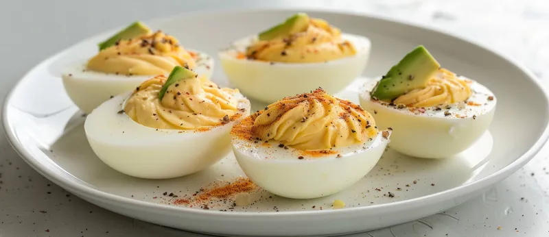Вкусные фаршированные яйца, украшенные кремообразной начинкой и свежим авокадо, идеально подходят для вечеринок и особых случаев